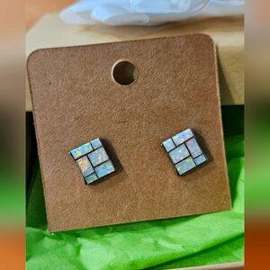 Iridescent white opal and sterling silver earrings